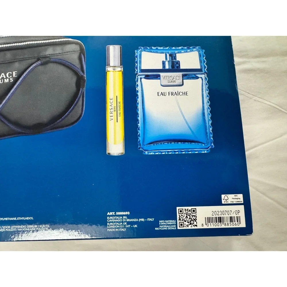 Versace Man Eau Fraiche 3 Piece Gift Set 3.4oz EDT Spray 10ml Travel Spray Bag